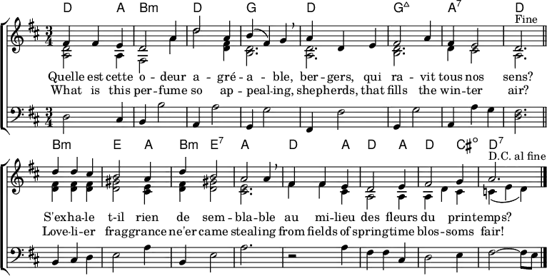 
\header { tagline = ##f }
\layout { indent = 0 \set Score.tempoHideNote = ##t
  \context { \Score \remove "Bar_number_engraver" }
  \context { \Voice \remove "Dynamic_engraver" }
}

global = { \key d \major \time 3/4 }

chordsI = \chordmode { \global \set midiInstrument = #"acoustic guitar (nylon)"
   d,2 a,4 | b,2.:min | d, | g, | d,| g,:maj7 | a,:7 | d, \bar "||"
}
voiceI = \relative c' { \global
  \tempo 4 = 100 fis4 fis e | d2 a'4 | d2 a4 | b (fis) g \breathe |
  a d, e | fis2 a4 | fis e2 | d2.^"Fine" \bar "||"
}
rightI = \relative c' { \global
  <d a>2\pppp a4 | fis2 a'4 | d2 <fis, d>4 | <d b>2. |
  <d a>2. | <d b>2. | d4 cis2 | a2. \bar "||"
}
leftI = \relative c { \global
  d2 cis4 | b b'2 | a,4 a'2 | g,4 g'2 |
  fis,4 fis'2 | g,4 g'2 | a,4 a' g | <fis d>2. \bar "||"
}
chordsE = \chordmode {
  b,2.:min | e,2 a,4 | b,:min e,2:7 | a,2. | d,2 a,4 | d,2 a,4 | d,2 cis,4:dim | d,2.:7 \bar "|."
}
voiceE = \relative c' {
  d'4 d cis | b2 a4 | d b2 | a a4 \breathe |
  fis fis e d2 e4 | fis2 g4 a2.^"D.C. al fine" \bar "|."
}
rightE = \relative c' {
  <fis d>4 <fis d> <fis d> | <gis d>2 <e cis>4 | <fis d> <gis d>2 | <e cis>2. |
  fis4 fis cis | a2 a4 | a4 d cis | \tempo 4 = 88 c (e d) \bar "|."
}
leftE = \relative c' {
  b,4 cis d | e2 a4 | b, e2 | a2. |
  r2 a4 | fis fis cis | d2 e4 | fis2~ fis8 e \bar "|."
}

text = \lyricmode {
  Quelle est cette o -- deur a -- gré -- a -- ble,
  ber -- gers, qui ra -- vit tous nos sens?
  S'ex -- ha -- le t-il rien de sem -- bla -- ble
  au mi -- lieu des fleurs du prin -- temps?
}
textE = \lyricmode {
  What is this per -- fume so ap -- peal -- ing,
  shep -- herds, that fills the win -- ter air?
  Love -- li -- er frag -- grance ne'er came steal -- ing
  from fields of spring -- time blos -- soms fair!
}

\score {
  \new ChoirStaff <<
    \new ChordNames { \chordsI \chordsE }
    \new Staff
      <<
        \new Voice = "singer" { \voiceOne \voiceI \voiceE }
        \new Voice = "right" { \voiceTwo \rightI \rightE }
      >>
    \new Lyrics \lyricsto "singer" { \text }
    \new Lyrics \lyricsto "singer" { \textE }
    \new Staff = "left" { \clef bass \leftI \leftE }
  >>
  \layout { }
}
\score { { << \voiceI \leftI \\ \rightI >>
           << \voiceE \leftE \\ \rightE >>
           << \voiceI \leftI \\ \rightI >> }
  \midi { \tempo 4=100 }
}
