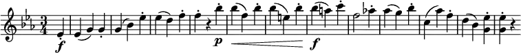 { \relative es' { \key es \major \time 3/4
\partial 4 es4-. \f | es4( g) g-. | g4( bes) es-. | es4( d) f-. | f4-. r bes-. \p |
bes4( \< f) bes-. | bes4( e,) bes'-. | bes4( \f a) c-. f,2 as!4-. |
as4( g) bes-. | c,4( as') f-. | d4( bes) <es g,>-. | <es g,>4-. r}}