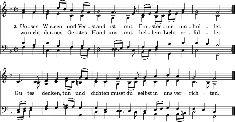 
<< <<
\new Staff { \clef treble \time 2/2 \partial 2 \key f \major \set Staff.midiInstrument = "church organ" \set Score.tempoHideNote = ##t \override Score.BarNumber #'transparent = ##t
  \relative c'' \repeat volta 2 { << { \set Timing.measurePosition = #(ly:make-moment -2/4) a4 f | g c8( bes) a4 g8( f) | g2
  f4. e8 | d8( e) f4 g a | g2 f \break } \\
  { f4 f | e e c c | c2
  a4 a4 | bes bes8( c) d( e) f4 | e2 c }
  >> }
  \relative c'
  << { \set Timing.measurePosition = #(ly:make-moment -2/4) c4. c8 | d4 e f g8( f) | e4 c
  f4. f8 | g4 a bes a | g2 f \bar"|." } \\
  { c4. bes8 | a4 c d8( c) b4 | c4 c
  a4 bes8( c) | d4 c d d | c4. bes8 a2 } >>
}
\new Lyrics \lyricmode { \set stanza = #"2."
Un4 -- ser Wis -- sen und Ver -- stand2
ist4 mit Fin -- ster -- nis um -- hül2 -- let,
Gu4 -- tes den -- ken, tun und dich -- ten
musst4 du selbst in uns ver -- rich2 -- ten.
}
\new Lyrics \lyricmode {
wo4 nicht dei -- nes Gei -- stes Hand2
uns4 mit hel -- lem Licht er -- fül2 -- let.
}
\new Staff { \clef bass \key f \major \set Staff.midiInstrument = "church organ"
  \relative c' \repeat volta 2 { << { c4 a | c g f g | e2
  d8( e) f4 | f f bes c | c bes a2 } \\
  { f4 f | c c f e8( d) | c2
  d4. c8 | bes8( c) d4 g, c | c2 f, }
  >> }
  \relative c'
  << { e,8( f) g4 | a g b8([ a]) g4 | g4 e
  d d | d4 e8( f) g4 f | f4 e c } \\
  { c8( d) e4 | f g g g, | c4 c
  d4. c8 | bes4 a g a8( b) | c2 f, } >>
}
>> >>
\layout { indent = #0 }
\midi { \tempo 4 = 90 }
