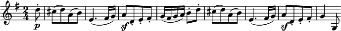  \relative d'' {
   \key g \major \time 2/4
   \partial 8 d8-. \p
   cis8([ d) a( b)]
   e,4.( fis16 g)
   a8[ \sf d,-. e-. fis-.]
   g16( fis g a) b8-. d-.
   cis8([ d) a( b)]
   e,4.( fis16 g)
   a8[ \sf d,-. e-. fis-.]
   g4 g,8
} 