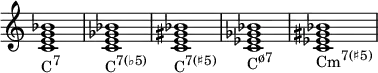{
\override Score.TimeSignature #'stencil = ##f
\relative c' {
\clef treble
\time 4/4
\key c \major
\textLengthOn
<c e g bes>1_\markup { \concat { "C" \raise #1 \small "7" } }
<c e ges bes>_\markup { \concat { "C" \raise #1 \small { "7(♭5)" } } }
<c e gis bes>_\markup { \concat { "C" \raise #1 \small { "7(♯5)" } } }
<c es ges bes>_\markup { \concat { "C" \raise #1 \small { "ø7" } } }
<c es gis bes>_\markup { \concat { "Cm" \raise #1 \small { "7(♯5)" } } }
} }