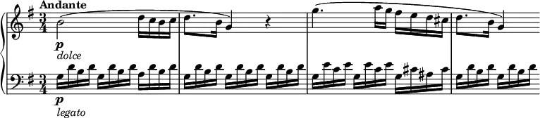 \relative c'' \new PianoStaff { \set Score.tempoHideNote = ##t <<
\new Staff { \key g \major \tempo "Andante" \tempo 4 = 60 \time 3/4 b2\p_\markup { \italic dolce } ( d16 c b c d8. b16 g4 ) r4 g'4. ( a16 g fis e d cis d8. b16 g4 ) }
\new Staff \relative c' { \clef "bass" \key g \major g16\p_\markup { \italic legato } d' b d g, d' b d a d b d g, d' b d g, d' b d g, d' b d g, e' c e g, e' c e g, cis ais cis g d' b d g, d' b d }
>>
}
