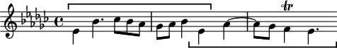 \version "2.18.2"
\header {
tagline = ##f
}
\score {
\new Staff \with {}
<<
\relative c'' {
\clef treble
\key ees \minor
\time 4/4
%% SUBJECT fugue CBT I-8, BWV 853, D-sharp minor
\stemDown ees,4^\markup { \stencil #(ly:bracket X '(-1 . 28) 0.2 -1) } bes'4. ces8 bes aes | ges aes bes4 ees,_\markup { \stencil #(ly:bracket X '(-2 . 28) 0.2 1) } aes~ aes8 ges f4\trill ees4.
}
>>
\layout {
\context { \Score \remove "Metronome_mark_engraver"
\consists "Horizontal_bracket_engraver"
}
}
\midi {}
}