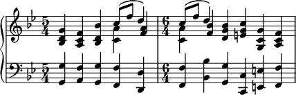 
    { #(set-global-staff-size 18)
      \new PianoStaff <<
        \new Staff <<
            \new voice \relative c'' {
                \set Score.tempoHideNote = ##t \tempo 4 = 112
                \clef treble \key bes \major 
				\time 5/4
					<bes, d g>4 <a c f> <bes d bes'> \stemDown <c a'> \stemNeutral <f a>
				\time 6/4
					\stemDown <c a'> \stemNeutral <f bes> <d g bes> <e g c> <g, c g'> <a c f>
				}
			\new Voice \relative c'' {
				\time 5/4
					s2. \stemUp c8^( f d4)
				\time 6/4
					\stemUp c8^( f d4) s1
                }
            >>
        \new Staff <<
			\clef bass \key bes \major 
            \relative c {
				\time 5/4
					<g g'>4 <a f'> <g g'> <f f'> <d d'>
                \time 6/4
					<f f'> <bes bes'> <g g'> <c, c'> <e e'> <f f'>
				}
            >>
    >> }
