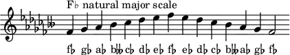 \header { tagline = ##f }
scale = \relative f' { \key fes \major \omit Score.TimeSignature
fes^"F♭ natural major scale" ges as beses ces des es fes es des ces beses as ges fes2}
\score { { << \cadenzaOn \scale \context NoteNames \scale >> } \layout { } \midi { } }