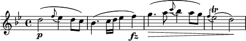 { \relative d'' { \key bes \major \time 4/4
d2( \p \appoggiatura f8 es4 d8 c) | bes4.( c16 d es4 f) \fz |
g4.( \> a8 \appoggiatura c8 bes4 a8 g) | \appoggiatura f4 es2( \trill d) \!
}}