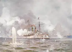 A watercolor illustration of a large ship firing and being fired at