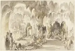 A watercolour painting of the interior of a cavern with stalactite-like projections hanging from the roof