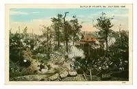 Postcard of Battle of Atlanta, GA., July 22, 1864; Verso: "At what is now 176 Cleburne Avenue, General Sherman had his headquarters during the Battle of Atlanta. Generals Sherman and McPherson were conversing under the trees here at noon on July 22, 1864, when the first guns of the battle roared. A few hours later, General McPherson was mortally wounded a short distance south of this place. A monument to him stands at East Atlanta on McPherson Avenue."
