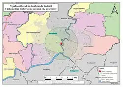 Map of the Kozhikode area, illustrating a three-kilometer buffer zone around the epicentre