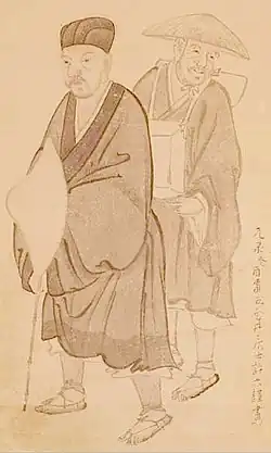Matsuo Basho (left) accompanied with Kawai Sora (right). Depicted by a Basho disciple painter and poet Morikawa Kyoriku.