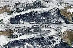Two wide photos showing a long stream of clouds ranging over the Pacific ocean