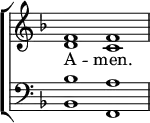 
\new ChoirStaff << 
  \new Staff { \clef treble \time 4/2 \key f \major \set Staff.midiInstrument = "church organ" \omit Staff.TimeSignature \set Score.tempoHideNote = ##t \override Score.BarNumber  #'transparent = ##t
  \relative c' 
  << { f1 f } \\
  { d c } >> 
  } 
\addlyrics { A -- men. } 
\new Staff { \clef bass \key f \major \set Staff.midiInstrument = "church organ" \omit Staff.TimeSignature
  \relative c'
  << { bes a } \\
  { bes, f } >>
  } 
>>
\layout { indent = #0 }
\midi { \tempo 4 = 92 }
