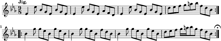 { \relative e' { \key ees \major \time 9/8 \tempo "Jig."
\repeat volta 2 {
ees4 ees'8 bes g ees bes' g ees | ees4 ees'8 bes g ees aes f d |
ees4 ees'8 bes g ees bes' g ees | d' ees f g a bes f d bes }
\repeat volta 2 {
bes4 g'8 g ees bes g' ees bes | bes4 g'8 g ees bes f' d bes |
bes4 g'8 g ees bes g' ees bes | d ees f g16 a bes8 g f d bes } \mark \markup { \musicglyph "scripts.ufermata" } } }