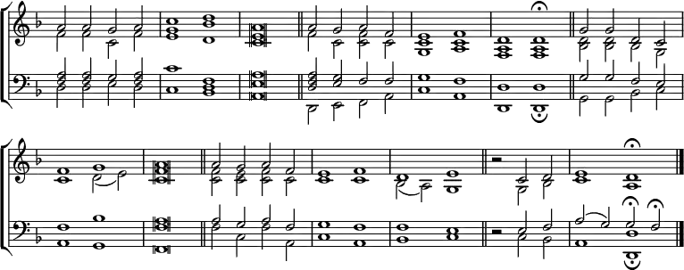 
\new ChoirStaff <<  
  \new Staff \with {\consists "Merge_rests_engraver"} { \clef treble \time 4/2 \key d \minor \set Staff.midiInstrument = "church organ" \omit Staff.TimeSignature \set Score.tempoHideNote = ##t \override Score.BarNumber  #'transparent = ##t \override Staff.NoteHead.style = #'altdefault
  \relative c''
  << { a2 a g a | c1 d | a \breve \bar"||"
       a2 g a f | e1 f | d d \fermata \bar"||"
       g2 g d c \break f1 g | a \breve \bar"||"
       a2 g a f | e1 f | d e \bar"||"
       \time 3/2 r2 c d | \time 4/2 e1 d \fermata \bar"|." } \\
  { f2 f c f | <e g>1 <d bes'> | <c e> \breve
    f2 c <c f> c | <g c>1 <a c> | <f a> <f a>
    <bes d>2 2 bes g | c1 d2( e) | <c f> \breve
    <c f>2 <c e> <c f> c | c1 c | bes2( a) g1
    r2 g bes | c1 a } >>
  } 
\new Staff \with {\consists "Merge_rests_engraver"} { \clef bass \key d \minor \set Staff.midiInstrument = "church organ" \omit Staff.TimeSignature  \override Staff.NoteHead.style = #'altdefault
  \relative c
  << { <f a>2 2 g <f a> | c'1 <f, d> | <e a> \breve 
       <d f a>2 <e g> f f | g1 f | d d 
       g2 g f e | f1 bes | <f a> \breve
       a2 g a f | g1 f | f e
       r2 e f | a( g) g \fermata f \fermata } \\
  { d2 d e d | c1 bes | a \breve
    d,2 e f a | c1 a | d, d \fermata
    g2 g bes c | a1 g | f \breve
    f'2 c f a, | c1 a | bes c
    r2 c bes | a1 <d, d'> \fermata } >>
  } 
>>
\layout { indent = #0 }
\midi { \tempo 2 = 69 }
