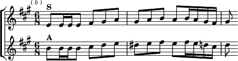 \new ChoirStaff <<
\new Staff \relative e' { \key a \major \time 6/8 \mark \markup \tiny { ( \italic b ) }
e8^\markup \bold "S" e16 e e8 fis gis a |
gis a b a b16 a gis fis | gis8 }
\new Staff \relative b' { \key a \major
b8^\markup \bold "A" b16 b b8 cis d e |
dis e fis e fis16 e d cis | d8 } >>