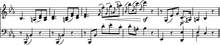 { << \new Staff \relative b { \override Score.TimeSignature #'stencil = ##f \time 6/8 \key ees \major \override Score.Rest #'style = #'classical
  bes4. a8( <c ees>) <c a> | <d bes>4. <c a>8( <ees g>) <ees c> |
  <f d>4. \grace f8^( f'-.) \grace g,^(\< g'-.) \grace a,^( a'-.) | %end line 1
  \grace bes,^( bes') \grace c,^( c') \grace d,^( d'4)\sf r | r8 g,,,([ ees') g] c,8.(\p a16) | a4 bes r \bar "||" }
\new Staff \relative b,, { \clef bass \key ees \major
  r8 bes( bes'4) r | r8 bes,( bes'4) r |
  r8 bes, bes' d'-. ees-. c-. | %end line 1
  d-. a-. bes4 r | ees,,4 r <d ees'> |
  << { ees' d } \\ { bes2 } >> r4 } >> }