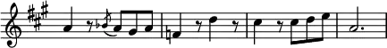 { \relative a' { \key a \major \override Score.TimeSignature #'stencil = ##f \time 6/8
 a4 r8 \acciaccatura bes8 a gis a | f4 r8 d'4 r8 |
 cis4 r8 cis d e | a,2. } }