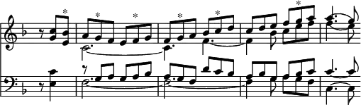 << \new Staff { \override Score.TimeSignature #'stencil = ##f \time 6/8 \key f \major \partial 4. << \new Voice { \relative c'' { \stemUp r8 <c g>8 <bes e,>^"*" | a g^"*" f e f^"*" g | f g^"*" a bes c^"*" d | c d e f g^"*" a | a4.( g8) } } \new Voice { \relative c' { \stemDown s4. c2. _~ c4. f _~ f4 bes8 c e f | f4.( e8) } } >> }
\new Staff { \clef bass \key f \major << \new Voice { \stemUp s4. r8 g a g a bes | a g f d' c' bes | a bes g a bes c' | c'4. ~ c'8 } \new Voice { \stemDown r8 <e c'>4 | f2. _~ f _~ f4 g8 a g f | c4. ~ c8 } >> } >>
