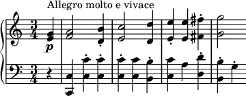 
\relative c'' {
  \time 3/4
  \new PianoStaff <<
    \new Staff {
      \partial 4
       <e, g>4\p^"Allegro molto e vivace" |
       <f a>2 <d b'>4-. |
       <e c'>2 <d d'>4 |
       <e e'>4-. <e e'>4 <fis fis'>4-. |
       <g g'>2
    }
    \new Staff {
      \clef "bass"
        \partial 4
        r4 |
        <c,,, c'>4 <c' c'>4-. q-. |
        <c c'>4-. q <b b'>4-. |
        <c c'>4 a'4 <d, d'>4-. |
        <b b'>4-. g'4-.
    }
  >>
}
