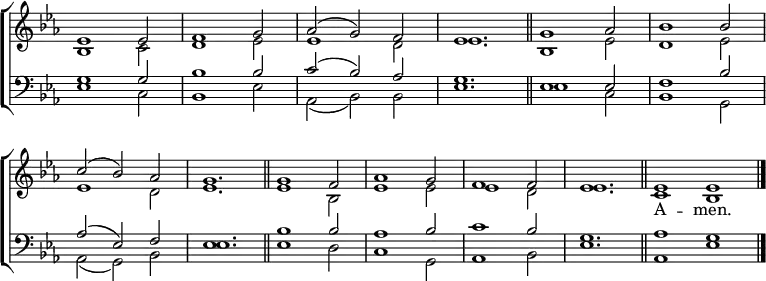 
\new ChoirStaff <<
  \new Staff { \clef treble \time 3/2 \key es \major \set Staff.midiInstrument = "church organ" \omit Staff.TimeSignature \set Score.tempoHideNote = ##t \override Score.BarNumber  #'transparent = ##t 
  \relative c'
  << { es1 es2 | f1 g2 | aes( g) f | es1. \bar"||" g1 aes2 | bes1 bes2 | \break
     c( bes) aes | g1. \bar"||" g1 f2 | aes1 g2 | f1 f2 | es1. \bar"||" \time 4/2 es1 es \bar"|."} \\
  { bes1 c2 | d1 es2 | es1 d2 | es1. | bes1 es2 | d1 es2 |
  es1 d2 | es1. | es1 bes2 | es1 es2 | es1 d2 | es1. | c1 bes } >>
  } 
\addlyrics {_ _ _ _ _ _ _ _ _ _ _
            _ _ _ _ _ _ _ _ _ _ _ _ A -- men.}
\new Staff { \clef bass \key es \major \set Staff.midiInstrument = "church organ" \omit Staff.TimeSignature
  \relative c'
  << { g1 g2 | bes1 bes2 | c( bes) aes | g1. | es1 es2 | f1 bes2 |
     aes2( es) f | es1. | bes'1 bes2 | aes1 bes2 | c1 bes2 | g1. | aes1 g } \\
  { es1 c2 | bes1 es2 | aes,( bes) bes | es1. | es1 c2 | bes1 g2 |
  aes( g) bes | es1. | es1 d2 | c1 g2 | aes1 bes2 | es1. | aes,1 es' } >>
  } 
>>
\layout { indent = #0 }
\midi { \tempo 2 = 80 }
