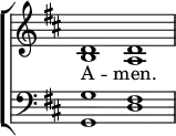 
\new ChoirStaff << 
  \new Staff { \clef treble \time 4/2 \key d \major \set Staff.midiInstrument = "church organ" \omit Staff.TimeSignature \set Score.tempoHideNote = ##t \override Score.BarNumber  #'transparent = ##t
  \relative c' 
  << { d1 d } \\ { b a } >> 
  } 
\addlyrics { A -- men. } 
\new Staff { \clef bass \key d \major \set Staff.midiInstrument = "church organ" \omit Staff.TimeSignature
  \relative c'
  << { g fis } \\ { g, d' } >>
  } 
>>
\layout { indent = #0 }
\midi { \tempo 4 = 120 }
