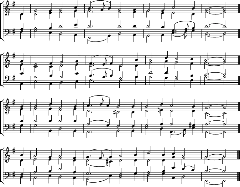 
\new ChoirStaff <<
  \new Staff { \clef treble \time 6/4 \key g \major \partial 4 \set Staff.midiInstrument = "church organ" \omit Staff.TimeSignature \set Score.tempoHideNote = ##t \override Score.BarNumber  #'transparent = ##t
  \relative c'
  << { d4 | g2 4 a2 c4 | b4.( a8 b4) a2 a4 | g2 4 c2 b4 | a2. ~ 2 \bar"||" \break
       a4 | e2 fis4 g2 a4 | fis4.( e8 fis4) d2 b'4 | 2 d4 c2 4 | b2. ~ 2 \bar"||" \break
       b4 | 2 d4 a2 b4 | c4.( d8 c4) b2 4 | 2 d4 c2 b4 | a2. ~ 2 \bar"||" \break
       b4 | a2 g4 a2 fis4 | g4.( fis8 g4) a2 b4 | d2 b4 c a2 | g2. ~ 2 \bar"|." } \\
  { d4 | 2 e4 fis2 g4 | 2. fis2 4 | g2 e4 2 d4 | fis2. ~ 2
    e4 | c2 4 d2 e4 | d2. 2 4 | g2 a4 g2 fis4 | g2. ~ 2
    g4 | 2 4 fis2 g4 | e2. dis2 4 | e2 f4 e2 4 | c2. ~ 2
    d4 | e2 4 fis2 d4 | 2( cis4) d2 4 | 2 4 g fis2 | g2. ~ 2 } >>
  } 
\new Staff { \clef bass \key g \major \set Staff.midiInstrument = "church organ" \omit Staff.TimeSignature
  \relative c'
  << { a4 | b2 4 d2 e4 | d2. 2 4 | 2 c4 g4.( a8 b4) | d2. ~ 2
       c4 | g2 a4 g2 c4 | a4.( g8 a4) fis2 g4 | d'2 4 g,2 a4 | b2. ~ 2
       d4 | 2 4 2 4 | a2( g4) fis2 4 | g2 a4 2 gis4 | a2. ~ 2
       fis4 | a2 b4 d2 a4 | g2. fis2 g4 | a2 b4 e d( c) | b2. ~ 2 } \\
  { fis4 | g2 e4 d2 c4 | g2( b4) d2 c4 | b2 c4 e4.( fis8) g4 | d2. ~ 2
    a4 | c2 a4 b2 c4 | d2. 2 g4 | 2 fis4 e2 d4 | g2. ~ 2
    g4 | 2 b,4 d2 b4 | a2. b2 4 | e2 d4 a4.( c8) e4 | a,2. ~ 2
    d4 | c2 e4 d2 c4 | b2( e4) d2 g4 | fis2 g4 c, d2 | g,2. ~ 2 } >>
  } 
>>
\layout { indent = #0 }
\midi { \tempo 4 = 168 }

