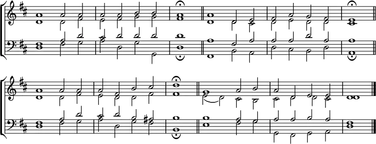 
\new ChoirStaff <<
  \new Staff { \clef treble \time 4/2 \key d \major \set Staff.midiInstrument = "church organ" \omit Staff.TimeSignature \set Score.tempoHideNote = ##t \override Score.BarNumber  #'transparent = ##t
  \relative c''
  << { a1 a2 a | a a b b | \time 2/2 a1 \fermata \bar"||"
       \time 4/2 a d,2 e | fis a g fis | \time 2/2 e1 \fermata \bar"||" \break
       \time 4/2 a a2 a | a fis b cis | \time 2/2 d1 \fermata \bar"||"
       \time 4/2 g, a2 b | a d, e e | d1 \bar"|." } \\
  { d1 d2 fis | e fis g g | fis1 | d d2 cis | d e d d | cis1
    d d2 fis | e d d fis | fis1 | e2( d) cis b | cis d d cis | d1 } >>
  } 
\new Staff { \clef bass \key d \major \set Staff.midiInstrument = "church organ" \omit Staff.TimeSignature
  \relative c
  << { fis1 a2 d | cis d d d | d1 | a fis2 a | a a d a | a1
       fis a2 d | cis d b ais | b1 | b a2 g | a a b a | fis1 } \\
  { d1 fis2 g | a d, g g, | d'1 \fermata | fis, b2 a | d cis b d | a1 \fermata
    d fis2 g | a d, g fis | b,1 \fermata | e fis2 g | g, fis g a | d1} >>
  } 
>>
\layout { indent = #0 }
\midi { \tempo 2 = 76 }
