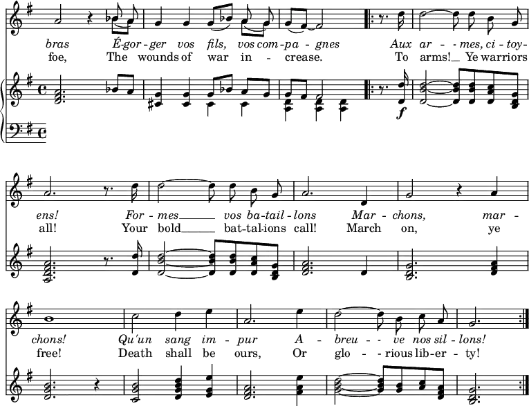 
\relative c'' {
  <<
    \new Voice = "anthem" {
      \omit Staff.TimeSignature
      \omit Score.BarNumber
      \key g \major
      a2 r4 << { \autoBeamOff \slurDown bes!8( a) } \\ { bes8[ a] } >>
      g4 g \slurDown g8([ bes)] << { \autoBeamOff \slurDown a8( g) } \\ { a[ g] } >>
      \partial 2.
      g( fis)~ fis2~
      \repeat volta 2 {
      \partial 4
      r8. d'16
      \autoBeamOff d2~ d8 d8 b8 g8
      \break
      a2. r8. d16
      d2~ d8 d8 b8 g8
      a2. d,4
      g2 r4 a
      \break
      b1
      c2 d4 e
      a,2. e'4
      d2~ d8 b8 c8 a8 
      \partial 2.
      g2.
      }
    }
    \new Lyrics \lyricmode {
      \set associatedVoice = #"anthem"
      \override LyricText #'font-shape = #'italic
      bras2 \skip 4
      É8 -- gor -- ger4 vos fils, vos8 com -- pa4 -- gnes2
      \skip 8. Aux16 ar2 -- -8 mes,8 ci -- toy -- ens!2.
      \skip 8. For16 -- mes2 __ \skip 8 vos8 ba -- tail -- lons 2.
      Mar4 -- chons,2 \skip 4 mar4 -- chons!1
      Qu'un2 sang4 im -- pur2. A4 -- breu2 -- -8 ve8  nos sil -- lons!2.
    }
    \new Lyrics \lyricmode {
      \set associatedVoice = #"anthem"
      foe,2. 
      The4 wounds4 of war in -- crease.2.
      \skip 8. To16 arms!2 __ \skip 8
      Ye8 war -- riors all!2.
      \skip 8. Your16 bold2 __ \skip 8 bat8 -- tal -- ions call!2.
      March4 on,2 \skip4 ye4 free!1
      Death2 shall4 be ours,2. Or4 glo2 -- -8 rious8 lib8 -- er8 -- ty!2.
      
    }
    \new PianoStaff <<
      \new Staff {
        \key g \major
        <<d2. fis a>> bes8 a
        <<cis,4 g'>> <<cis, g'>> << { \voiceOne \stemDown cis,4 cis4 <d a> <d a> <d a>} \new Voice { g8[ bes] a[ g] g[ fis] fis2} >> % using two voices to fix stem up not working
        \oneVoice
        r8. <<d16 d' \f>>
        <<d,2~ b'~ d~>> <<d,8[ b' d>> <<d, b' d>> <<d, a' c>> <<g] d b>>
        <<a2. d fis a>> r8. <<d,16 d'>>
        <<d,2~ b'~ d~>> <<d,8[ b' d>> <<d, b' d>> <<d, a' c>> <<g] d b>>
        <<d2. fis a>> d,4
        <<b2. d g>> <<d4 fis a>>
        <<d,2. g b>> r4
        <<c,2 g' b>> <<d,4 g b d>> <<e, g e'>>
        <<d,2. fis a>> <<fis4 a e'>>
        <<g,2~ b~ d~>> <<g,8 b d>> <<g, b>> <<a c>> <<d, fis a>>
        <<b,2. d g>>
      }
      \new Staff {
        \key g \major
        \clef bass
      }
    >>
  >>
}
