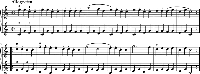 
\relative c'' {
  \new PianoStaff <<
    \new Staff { \tempo Allegretto \repeat volta 2 {
      e4-.-3 e-. c-.-1 c-.
      e-. e-. c-. c-.
      d-. d-. d-. d-.
      g2\( f4 d
      e-.\) e-. c-. c-.
      e-. e-. c-. c-.
      d-. d-. d\( e
      c e c2\) }
  \repeat volta 2 {    
      d4-2-. d-. c-. c-.
      f-.-4 f-. e-. e-.
      d-. d-. c-. c-.
      f2\( d
      e4-.\) e-. c-. c-.
      g'2. f4
      d-2 e d e
      c e c2 }
    }
    \new Staff { \repeat volta 2 {
      c,4-5 g' e-3 g
      c, g' e g
      f g f g
      e g d g
      c, g' e g
      c, g' e g
      f g f g
      e g c,2 }
  \repeat volta 2 {
      f4-2 g e-3 g
      d g c, g'
      f g e g
      d g f g
      c, g' e g
      e g d g
      f g f g
      e g c,2 }
    }
  >>
}
