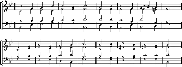 
\new ChoirStaff <<
  \new Staff { \clef treble \time 3/4 \key bes \major \set Staff.midiInstrument = "church organ" \omit Staff.TimeSignature \set Score.tempoHideNote = ##t \override Score.BarNumber  #'transparent = ##t 
  \relative c''
  << { \bar".|:" bes2 f4 | g2 bes4 | 2 a4 | bes2. \bar"||"
       a2 bes4 | c2 f,4 | g( a) g | f2. \bar":|." \break
       f2 g4 | bes2 g4 | a2 bes4 | c2. \bar"||"
       bes2 c4 | d2 bes4 | 2 a4 | bes2. \bar"|." } \\
  { d,2 f4 | es2 d4 | f2 4 | 2. | 2 4 | 2 4 | 2 e4 | f2.
    c2 es4 | f2 es4 | 2 f4 | 2. | d2 g4 | fis2 d4 | f!2 4 | 2. } >>
  }
\new Staff { \clef bass \key bes \major \set Staff.midiInstrument = "church organ" \omit Staff.TimeSignature \override Staff.NoteHead.style = #'altdefault
  \relative c'
  << { bes2 4 | 2 4 | c2 4 | d2. | 2 4 | c2 a4 | d2 g,4 | a2.
       a2 bes4 | 2 4 | c2 d4 | a2. | bes2 g4 | a2 bes4 | c2 4 | d2. } \\
  { bes,2 d4 | es2 g4 | f2 4 | bes,2. | d2 bes4 | a2 d4 | bes2 c4 | f2.
    f2 es4 | d2 es4 | c2 bes4 | f'2. | g2 es4 | d2 g4 | f2 4 | bes,2. } >>
  } 
>>
\layout { indent = #0 }
\midi { \tempo 4 = 120 }
