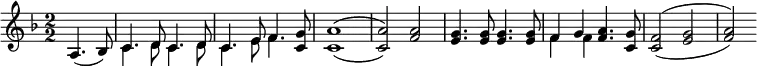 
    \relative c' { 
    \key f \major \time 2/2
    \numericTimeSignature
    \override Score.BarNumber #'break-visibility = #'#(#f #f #f)
    \partial 2 a4.( bes8)
    << { c4. d8 c4. d8
    c4. e8 f4. } \\
    { c4. d8 c4. d8
    c4. e8 f4. } >> <c g'>8
    \set doubleSlurs = ##t
    <c a'>1( <c a'>2) <f a>2
    <e g>4. <e g>8 <e g>4. <e g>8
    << { f4 } \\ { f4 } >> << { g } \\ { f } >>
    <f a>4. <c g'>8
    <c f>2( <e g>2 <f a>)
	}
