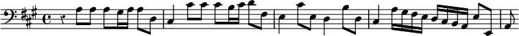 { \override Score.Rest #'style = #'classical \key a \major \time 4/4 \clef bass \relative c' { r4 a8[ a] a[ gis16 a] a8[ d,] | cis4 cis'8[ cis] cis[ b16 cis] d8[ fis,] | e4 cis'8 e, d4 b'8 d, | cis4 a'16[ gis fis e] d[ cis b a] e'8 e, | a8 } }
