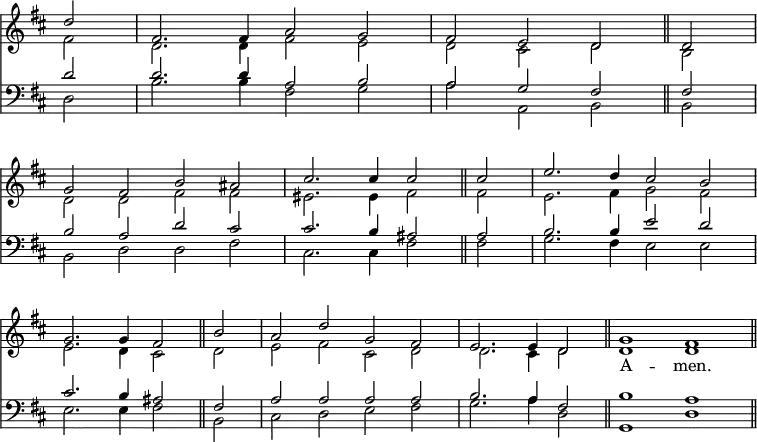 << \override Score.TimeSignature #'stencil = ##f \override Score.BarNumber #'break-visibility = #'#(#f #f #f) \new Staff { \key d \major \time 4/2 \partial 2 << \new Voice = "Sop" \relative d'' { \stemUp d2 | fis,2. fis4 a2 g | fis e d \bar "||" d | \break
  g fis b ais | cis2. cis4 cis2 \bar "||" cis | e2. d4 cis2 b \break
  g2. g4 fis2 \bar "||" b | a d g, fis | e2. e4 d2 \bar "||" \cadenzaOn g1 fis \bar "||" }
\new Voice \relative f' { \stemDown fis2 | d2. d4 fis2 e | d cis d b
  d d fis fis | eis2. eis4 fis2 fis | e2. fis4 g2 fis
  e2. d4 cis2 d | e fis cis d | d2. cis4 d2 \cadenzaOn d1 d } >> }
\new Lyrics \lyricsto "Sop" { _ _ _ _ _ _ _ _ _ _ _ _ _ _ _ _ _ _ _ _ _ _ _ _ _ _ _ _ _ _ _ _ A -- men. }
\new Staff << \clef bass \key d \major \new Voice \relative d' { \stemUp d2 | d2. d4 a2 b | a g fis fis |
  b a d cis | cis2. b4 ais2 ais | b2. b4 e2 d |
  cis2. b4 ais2 fis | a a a a | b2. a4 fis2 \cadenzaOn b1 a }
\new Voice \relative d { \stemDown d2 | b'2. b4 fis2 g | a a, b b |
  b d d fis | cis2. cis4 fis2 fis | g2. fis4 e2 e |
  e2. e4 fis2 | b, cis d e fis | g2. a4 d,2 \cadenzaOn g,1 d' } >>
>>