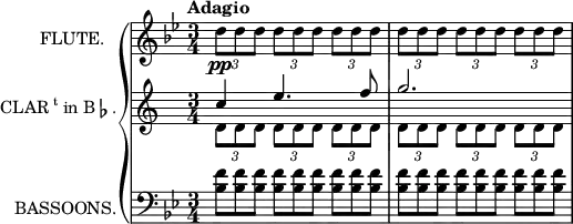 
\new GrandStaff <<
  \new Staff = "flute" \with {
    instrumentName = "FLUTE."
    midiInstrument = "flute"
  } \relative c'' {
    \key bes \major
    \time 3/4
    \tempo "Adagio"
    \tuplet 3/2 4 {d8\pp d d d d d d d d}
    \tuplet 3/2 4 {d d d d d d d d d}
  }
  \new Staff = "clarinet" \with {
    instrumentName = \markup \center-column {\line {CLAR\super{t} in B\flat.}}
    midiInstrument = "clarinet"
  } <<
    \new Voice = "first" \relative c'' {
      \voiceOne
      \transposition bes
      \key c \major
      \time 3/4
      \tempo "Adagio"
      c4 e4. f8
      g2.
    }
    \new Voice = "second" \relative c'' {
      \voiceTwo
      \transposition bes
      \key c \major
      \time 3/4
      \tempo "Adagio"
      \tuplet 3/2 4 {d,8 d d d d d d d d}
      \tuplet 3/2 4 {d d d d d d d d d}
    }
  >>
  \new Staff = "basson" \with {
    instrumentName = "BASSOONS."
    midiInstrument = "basson"
  } \relative c' {
    \clef bass
    \key bes \major
    \time 3/4
    \tempo "Adagio"
    \omit TupletNumber
    \tuplet 3/2 4 {<bes f'>8 <bes f'> <bes f'> <bes f'> <bes f'> <bes f'> <bes f'> <bes f'> <bes f'>}
    \tuplet 3/2 4 {<bes f'> <bes f'> <bes f'> <bes f'> <bes f'> <bes f'> <bes f'> <bes f'> <bes f'>}
  }
>>
\layout {
  indent = 2\cm
}
