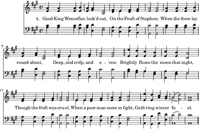 
\version "2.14.2"
\header {
  tagline = ""
}
\score {  <<
    \new ChoirStaff {
      \time 4/4
      \key a \major
      <<
        \new voice="soprano" {
          \voiceOne \slurUp
          \relative c'' {
            a4 a a b a a e2 fis4 e fis gis a2 a
            a4 a a b a a e2 fis4 e fis gis a2 a \bar "||"
            e'4 d cis b cis b a2 fis4 e fis gis a2 a 
            e4 e fis gis a a b2 e4 d cis b a2( \stemDown d) \stemUp a1 \bar "||"
          }
        }
      \\
        \new voice=alto {
          \voiceTwo \stemUp
          \relative c' {
            e4 e e e e fis b,2 d4 \stemDown e \stemUp d e e2 e
            e4 e e e e fis b,2 d4 \stemDown e \stemUp d e e2 e
            e4 e e e e e cis2 d4 \stemDown e \stemUp d e e2 e
            \stemDown e4 e \stemUp d e e e e2 e4 e a gis \stemDown a2( fis ) \stemUp e1
            }
        }
        \new Lyrics \lyricmode {
          \set associatedVoice = #"soprano"
          \set stanza = #"1. "
          Good4 King Wenceſlas2. look'd4 out,2 On4 the Feaſt of Stephen;1
          When4 the ſnow lay round about,2.  Deep,4 and criſp, and e2 -- ven:2
          Brightly2 ſhone4 the moon that night,2  Though4 the froſt was cru2 -- el,2
          When4 a poor man came in ſight,2 Gath'ring win4 -- ter fu1 -- el.
        }
      >>
    }

    \new ChoirStaff {
      \clef "bass"
      \time 4/4
      \key a \major
      <<
        \new voice="tenor" {
          \voiceThree \slurUp \stemDown
          \relative c' {
            cis4 cis cis d cis d gis,2 a4 a a d cis2 cis
          }
          \relative c' {
            cis4 cis cis d cis d gis,2 a4 a a d cis2 cis
          }
          \relative c' {
            cis4 b \stemUp a \stemDown gis a gis \stemUp fis2 \stemDown a4 a a d cis2 cis
          }
          \relative c' {
            a4 a a b a cis gis2 cis4 b e d cis2( d) cis1  
          }
        }
      \\
        \new voice="bass" {
          \voiceFour \slurDown
          \relative c' {
            a4 a a gis a d, e2 d4 cis d b a2 a
          }
          \relative c' {
            a4 a a gis a d, e2 d4 cis d b a2 a \bar "||"
          }
          \relative c' {
            a4 gis a e a, e' fis2 d4 cis d b a2 a
          }
          \relative c {
            cis4 cis d d cis a e'2 a,4 gis a e' a,1 a1 \bar "||"
          }
        }
      >>
    }
  >>
\layout { indent = 2.0\cm }
\midi { }
}
