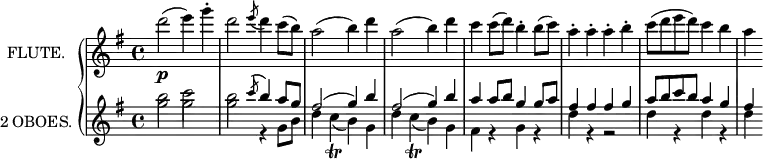 
\new GrandStaff <<
  \new Staff = "flute" \with {
    instrumentName = "FLUTE."
    midiInstrument = "flute"
  } \relative c'' {
    \key g \major
    d'2(\p e4) g\staccato
    d2 \acciaccatura {e8} d4 c8( b)
    a2( b4) d
    a2( b4) d
    c c8( d) b4\staccato b8( c)
    a4\staccato a\staccato a\staccato b\staccato
    c8( d e d) c4 b
    a
  }
  \new Staff = "oboe" \with {
    instrumentName = "2 OBOES."
    midiInstrument = "oboe"
  } <<
    \new Voice = "first" \relative c'' {
      \voiceOne
      \key g \major
      \stemDown
      b'2 c
      b \stemUp \acciaccatura {c8} b4 a8 g
      fis2( g4) b
      fis2( g4) b
      a a8 b g4 g8 a
      fis4 fis fis g
      a8 b c b a4 g
      fis
    }
    \new Voice = "second" \relative c'' {
      \voiceTwo
      g'2 g
      g r4 g,8 b
      d4 c(_\trill b) g
      d' c(_\trill b) g
      fis r g r
      d' r r2
      d4 r d r
      d
    }
  >>
>>
\layout {
  indent = 2\cm
}
