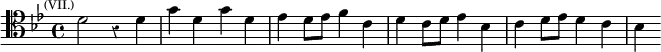 \relative d' { \clef tenor \key bes \major \time 4/4 \override Score.Rest #'style = #'classical \mark \markup \tiny { (VII.) }
d2 r4 d | g d g d | ees d8 ees f4 c | d c8 d ees4 bes | c d8 ees d4 c | bes }