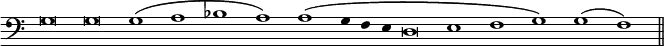 { \clef bass \override Score.TimeSignature #'stencil = ##f \override Score.Stem #'stencil = ##f \relative g { \cadenzaOn g\breve g g1\( a bes a\) a\( g4 f e d\breve e1 f g\) g( f) \bar "||" } }