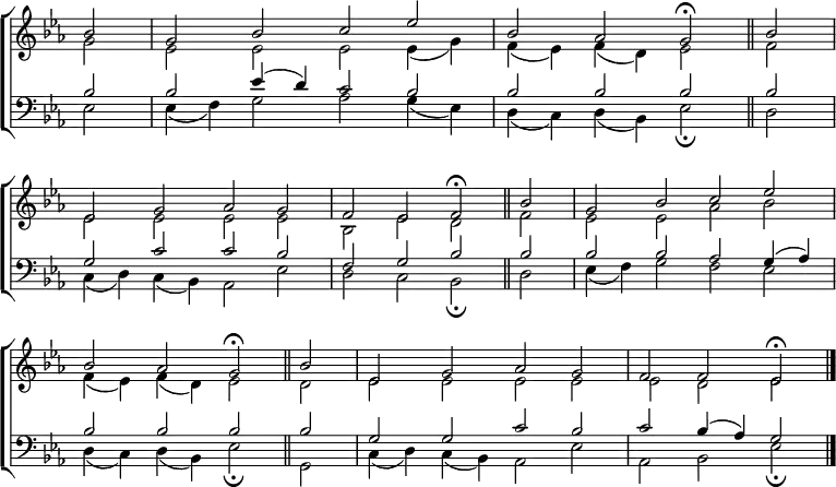 
\new ChoirStaff <<
  \new Staff { \clef treble \time 4/2 \key es \major \partial 2 \set Staff.midiInstrument = "church organ" \omit Staff.TimeSignature \set Score.tempoHideNote = ##t \override Score.BarNumber  #'transparent = ##t 
  \relative c''
  << { bes2 | g bes c es | bes aes g \fermata \bar"||" bes \break
       es, g aes g | f es f \fermata \bar"||" bes | g bes c es \break
       bes aes g \fermata \bar"||" bes | es, g aes g | f f es \fermata \bar"|." } \\
  { g2 | es es es es4( g) | f( es) f( d) es2 f
    es es es es | bes es d f | es es aes bes
    f4( es) f( d) es2 d | es es es es | es d es } >>
  }
\new Staff { \clef bass \key es \major \set Staff.midiInstrument = "church organ" \omit Staff.TimeSignature 
  \relative c'
  << { bes2 | 2 es4( d) c2 bes | bes bes bes bes
       g c c bes | f g bes bes | bes bes aes g4( aes)
       bes2 bes bes bes | g g c bes | c bes4( aes) g2 } \\
  { es2 | 4( f) g2 aes g4( es) | d( c) d( bes) es2 \fermata d
    c4( d) c( bes) aes2 es' | d c bes \fermata d | es4( f) g2 f es
    d4( c) d( bes) es2 \fermata | g, c4( d) c( bes) aes2 es' | aes, bes es \fermata } >>
  } 
>>
\layout { indent = #0 }
\midi { \tempo 2 = 50 }
