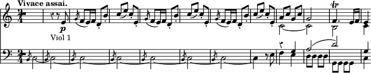 << \override Score.Rest #'style = #'classical \new Staff << \time 2/4 \tempo "Vivace assai." \new Voice \relative e' { s2 \once \override Score.BarLine #'stencil = ##f R2 | r4_"Viol 1" r8 \stemUp e8\p \repeat unfold 3 { \slashedGrace g16( f8[ e16) f] d8-.[ b'-.] | c8( e) c-. e,-. } | a c g c | g2 | f4.\trill e16 f | e4 } 
\new Voice \relative c' { s2 \once \override Score.BarLine #'stencil = ##f R2 \repeat unfold 7 { s2 } \stemDown c _~ c | b | c4 } >> 
\new Staff { \clef bass << \new Voice { s2 \once \override Score.BarLine #'stencil = ##f R2 \repeat unfold 7 { s2 } \stemUp r4 g | a2^( d') | g4 }
\new Voice \relative c { s2 \once \override Score.BarLine #'stencil = ##f \repeat unfold 7 { \slashedGrace b8 \stemDown c2 _~ } c4 r8 e | f4 e | d8 d d d | g, g g g | c4 } >> } >>
