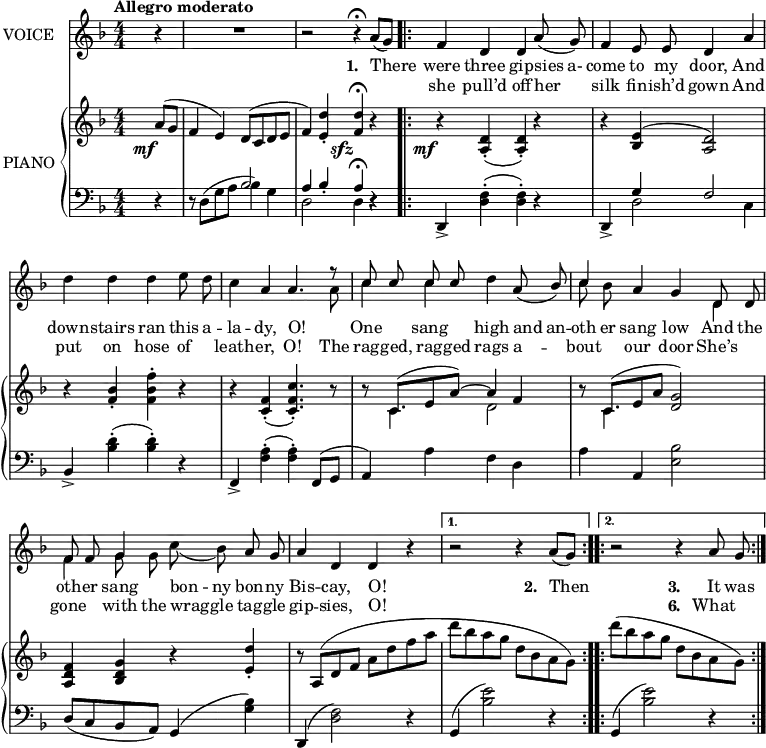
music = {
    \language "english"
    { \new Staff \with { instrumentName = "VOICE" } <<
        \omit Score.BarNumber
                \set Staff.midiInstrument = "violin"
                % melody, main voice
                { \new Voice <<
                    \relative c'' {
                        \autoBeamOff
                        \mergeDifferentlyDottedOn
                        \override DynamicTextSpanner.dash-period = #-1
                        \override DynamicText.self-alignment-X = #1.5
                        \slurUp
                        \tempo "Allegro moderato"
                        \set Score.tempoHideNote = ##t \tempo 4 = 120
                        \clef treble \key d \minor
                        \time 4/4
                        \numericTimeSignature
                        
                        % page 13, line 1
                        \stemUp \slurDown \tieDown
                        \partial 4 r4 |
                        R1 |
                        r2 r4 \fermata a8[( g)] |
                        \repeat volta 2 {
                            f4 d d a'8( g) |
                            
                            % page 13, line 2
                            f4 e8 e d4 a' |
                            \stemDown d d d e8 d |
                            c4 \stemUp a a4. r8 |
                            
                            % page 13, line 3
                            \stemDown c4 c d \stemUp a8( bf) |
                            \stemDown c bf \stemUp a4 g d8 d |
                            f f g4 \stemDown c8( bf) \stemUp a g |
                            
                            % page 13, line 4
                            a4 d, d r
                        }
                        \alternative {
                            {r2 r4 a'8[( g)] |}
                            {
                            \repeat volta 2 {
                                r2 r4 a8 g |
                            }
                            }
                        }
                    }
                    % lyrics, stanzas 1, 3, 4, 5, and 9
                    \new Lyrics \with { associatedVoice = "VOICE" } { \lyricmode {
                        % page 13
                        _4 _1 _2.
                        \set stanza = #"1. "
                        There4 were4 three4 gip4 -- sies8 a-8 come4 to8 my8 door,4
                        And4 down4 -- stairs4 ran4 this8 a8 -- la4 -- dy,4 O!4. _8
                        One4 sang4 high4 and8 an8 -- oth8 er8 sang4 low4
                        And8 the8 oth8 -- er8 sang4 bon8 -- ny8 bon8 -- ny8 Bis4 -- cay,4 O!4 _4
                        _2.
                        \set stanza = #"2. "
                        Then4
                        _2.
                        \set stanza = #"3. "
                        It8 was8
                    } }
                    % lyrics, stanzas 2, 6, 7, and 8
                    \new Lyrics \with { associatedVoice = "VOICE" } { \lyricmode {
                        % page 13
                        _4 _1 _1
                        she4 pull’d4 off4 her4 silk4 fin8 -- ish’d8 gown4
                        And4 put4 on4 hose4 of4 leath4 -- er,4 O!4.
                        The8 rag8 -- ged,8 rag8 -- ged8 rags4 a4 -- bout4 our4 door4
                        She’s4 gone4 with8 the8 wrag8 -- gle8 tag8 -- gle8 gip4 -- sies,4 O!4 _4
                        _1 _2.
                        \set stanza = #"6. "
                        What4
                    } }
                >> }
                % melody, alt voice
                { \new Voice <<
                    \relative c'' {
                        \autoBeamOff
                        \mergeDifferentlyDottedOn
                        \clef treble \key d \minor
                        \time 4/4
                        \numericTimeSignature
                        
                        % page 13, line 1
                        \stemDown
                        \partial 4 s4 |
                        s1 |
                        s |
                        \repeat volta 2 {
                            s |
                            
                            % page 13, line 2
                            s |
                            s |
                            s2 s4. a8 |
                            
                            % page 13, line 3
                            \stemUp c c c c s2 |
                            c4 s2 \stemDown d,4 |
                            f g8 g s2 |
                            
                            % page 13, line 4
                            s1 |
                        }
                        \alternative {
                            {s |}
                            {
                            \repeat volta 2 {
                                s |
                            }
                            }
                        }
                    }
                >> }
        { \new PianoStaff \with { instrumentName = "PIANO" } <<
            { \new Staff <<
                \set Staff.midiInstrument = "piano"
                % piano, treble clef, voice 1
                { \new Voice <<
                    \relative c'' {
                        \mergeDifferentlyDottedOn
                        \dynamicDown
                        \override DynamicTextSpanner.dash-period = #-1
                        \override DynamicText.self-alignment-X = #1.5
                        \clef treble \key d \minor
                        \time 4/4
                        \numericTimeSignature
                        
                        % page 13, line 1
                        \stemUp \slurUp \tieUp
                        \partial 4 a8 \mf ( g |
                        f4 e) d8( c d e |
                        f4) <d' e,>-. <d f,> \fermata \sfz r |
                        \repeat volta 2 {
                            r \mf \slurDown <d, a>-. ( <d a>-.) r |
                            
                            % page 13, line 2
                            r \slurUp <e bf>( <d a>2) |
                            r4 <bf' f>-. \stemDown <f' bf, f>-. r |
                            r \slurDown \stemUp <f, c>-. ( <c' f, c>4.-.) r8 |
                            
                            % page 13, line 3
                            r \slurUp c,( e a ~) a4 f |
                            r8 c( e a <g d>2) |
                            <f d a>4 <g d bf> r <d' e,>-. |
                            
                            % page 13, line 4
                            r8 a,( d f \stemDown a d f a |
                        }
                        \alternative {
                            {d bf a g d bf a g) |}
                            {
                            \repeat volta 2 {
                                (d'' bf a g d bf a g) |
                            }
                            }
                        }
                    }
                >> }
                % piano, treble clef, voice 2
                { \new Voice <<
                    \relative c' {
                        \mergeDifferentlyDottedOn
                        \clef treble \key d \minor
                        \time 4/4
                        \numericTimeSignature
                        
                        % page 13, line 1
                        \stemDown \slurDown \tieDown
                        \partial 4 s4 |
                        s1 |
                        s |
                        \repeat volta 2 {
                            s |
                            
                            % page 13, line 2
                            s |
                            s |
                            s |
                            
                            % page 13, line 3
                            s8 c4. d2 |
                            s8 c4. s2 |
                            s1 |
                            s |
                        }
                        \alternative {
                            {s |}
                            {
                            \repeat volta 2 {
                                s |
                            }
                            }
                        }
                    }
                >> }
            >> }
            { \new Staff <<
                \set Staff.midiInstrument = "piano"
                % piano, bass clef, voice 1
                { \new Voice <<
                    \relative c {
                        \mergeDifferentlyDottedOn
                        \clef bass \key d \minor
                        \time 4/4
                        \numericTimeSignature
                        
                        % page 13, line 1
                        \stemDown \slurUp \tieUp
                        \partial 4 r4 |
                        r8 d( g a bf4) g |
                        \stemUp a bf-. a \fermata r |
                        \repeat volta 2 {
                            d,,-> \stemDown <f' d>-. ( <f d>-.) r |
                            
                            % page 13, line 2
                            \stemUp d,-> g' f2 |
                            bf,4-> \stemDown <d' bf>-. ( <d bf>-.) r |
                            \stemUp f,,-> \stemDown <a' f>-. ( <a f>-.) \stemUp f,8( g |
                            
                            % page 13, line 3
                            a4) \stemDown a' f d |
                            a' \stemUp a, \stemDown <bf' e,>2 |
                            \stemUp \slurDown d,8( c bf a) \slurUp g4( \stemDown <bf' g>) |
                            
                            % page 13, line 4
                            \stemUp d,,( \stemDown <f' d>2) r4 |
                        }
                        \alternative {
                            {\stemUp g,( \stemDown <e'' bf>2) r4 |}
                            {
                            \repeat volta 2 {
                                \stemUp g,,( \stemDown <e'' bf>2) r4 |
                            }
                            }
                        }
                    }
                >> }
                % piano, bass clef, voice 2
                { \new Voice <<
                    \relative c' {
                        \mergeDifferentlyDottedOn
                        \clef bass \key d \minor
                        \time 4/4
                        \numericTimeSignature
                        
                        % page 13, line 1
                        \stemUp
                        \partial 4 s4 |
                        s2 bf |
                        \stemDown d, d4 r |
                        \repeat volta 2 {
                            s1 |
                            
                            % page 13, line 2
                            s4 d2 c4 |
                            s1 |
                            s |
                            
                            % page 13, line 3
                            s |
                            s |
                            s |
                            
                            % page 13, line 4
                            s |
                        }
                        \alternative {
                            {s |}
                            {
                            \repeat volta 2 {
                                s |
                            }
                            }
                        }
                    }
                >> }
            >> }
        >> }
    >> }
}
\header {
    tagline = "" % no footer
}
\score {
  \music
  \layout {
    \context {
      \Staff
      \consists Measure_spanner_engraver
    }
  }
}
\score {
  \unfoldRepeats {
    \music
  }
  \midi { }
}
