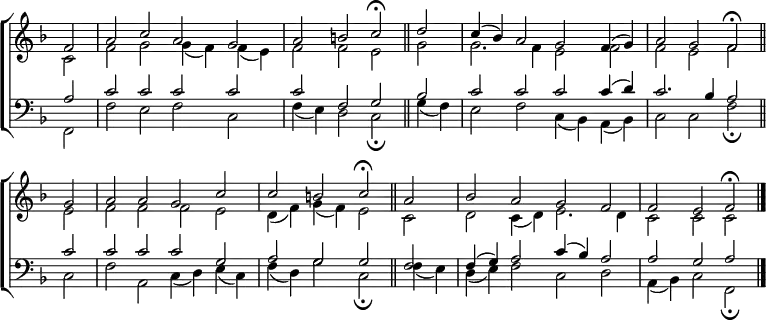 
\new ChoirStaff <<
  \new Staff { \clef treble \time 4/2 \key f \major \partial 2 \set Staff.midiInstrument = "church organ" \omit Staff.TimeSignature \set Score.tempoHideNote = ##t \override Score.BarNumber  #'transparent = ##t
  \relative c'
  << { f2 | a c a g | a b c \fermata \bar"||" 
       d | c4( bes) a2 g f4( g) | a2 g f \fermata \bar"||" \break
       g | a a g c | c b c \fermata \bar"||"
       a | bes a g f | f e f \fermata \bar"|." } \\
  { c2 | f g g4( f) f( e) | f2 f e g | g2. f4 e2 f | f e f
    e | f f f e | d4( f) g( f) e2 c | d c4( d) e2. d4 | c2 c c } >>
  } 
\new Staff { \clef bass \key f \major \set Staff.midiInstrument = "church organ" \omit Staff.TimeSignature
  \relative c'
  << { a2 | c c c c | c f, g bes | c c c c4( d) | c2. bes4 a2
       c | c c c g | a g g f | f4( g) a2 c4( bes) a2 | a g a } \\
  { f,2 | f' e f c | f4( e) d2 c \fermata 
    g'4( f) | e2 f c4( bes) a( bes) | c2 c f \fermata
    c | f a, c4( d) e( c) | f( d) g2 c, \fermata 
    f4( e) | d( e) f2 c d | a4( bes) c2 f, \fermata } >>
  } 
>>
\layout { indent = #0 }
\midi { \tempo 2 = 46 }
