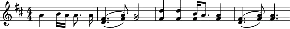 
    \relative c' { 
    \key d \major \time 4/4
    \numericTimeSignature
    \override Score.BarNumber #'break-visibility = #'#(#f #f #f)
    \autoBeamOff
    \set doubleSlurs = ##t
    \stemDown
    \partial 8*5 a'4 b16[ a] a8. a16
    \stemUp
    <d, fis>4.( <fis a>8) <fis a>2
    <fis d'>4 <fis d'>4 << { b16[ a8.] } \\ { fis4 } >> <fis a>4
    <d fis>4.( <fis a>8) <fis a>4.
	}
