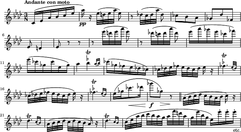 
\new Staff \with {midiInstrument = "flute"} \relative c'' {
  \key aes \major
  \time 3/8
  \tempo "Andante con moto"
  c,16( ees aes bes c ees
  \autoBeamOff
  aes)\pp r ees32([ d ees aes] ees8)
  r des!32([ c des aes'] des,8)
  \autoBeamOn
  ces bes aes
  ges des' fes,
  ees d4
  ees8 r r
  \autoBeamOff
  r ees''32([ d ees aes] ees8)
  r des!32([ c! des aes'] des,8)
  \autoBeamOn
  ees16( aes ges ees ces fes)
  ees( ces ges ces ees, ges)
  aes4*1/2 \afterGrace bes4^\markup {\flat}\trill {aes16( bes)}
  ces16( ges fes ees des! ces)
  \autoBeamOff
  ces32[ des! ees fes] ees[ des ces des] ees16 r
  \afterGrace fes4.^\markup {\flat}\trill {ees32([ des)]}
  ces32([ des! ees fes] ees[ des ces des] ees16) r
  \autoBeamOn
  \afterGrace fes4.^\markup {\flat}\trill {ees16( des)}
  ees16( ges ces8.\< des!16
  ges8\f ges,)\> r\! \bar "||"
  \autoBeamOff
  aes,32([ bes c des] c[ bes aes bes] c16) r
  \afterGrace des4.\trill {c16([ bes)]}
  aes32([ bes c des] c[ des c bes] aes16) r
  \afterGrace des4.\trill {c16[ bes]}
  c32([ ees aes bes] c[ bes aes g] aes[ f' d aes]
  g[ ees' bes g] ees16)[ ees'\staccato ees\staccato ees]\staccato_"etc."
}

