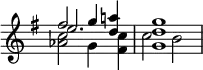{ \override Score.TimeSignature #'stencil = ##f \time 4/4 \key g \major \relative f'' << { fis2 g4 <a! d,> | <g d g,>1 } \\ { <c, aes>2 g4 <c fis,> c2 b } \\ { e2. } >> }