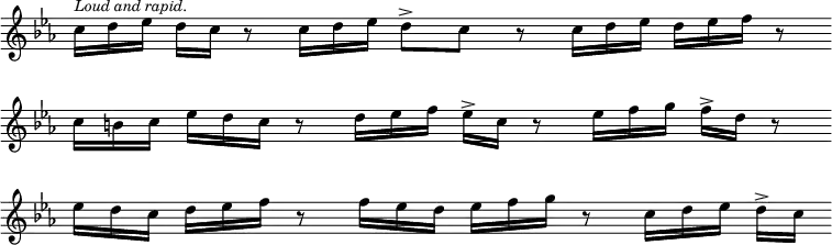 { \override Score.TimeSignature #'stencil = ##f \key ees \major \relative c'' { \cadenzaOn c16[^\markup { \smaller \italic "Loud and rapid." } d ees] d[ c] r8 c16[ d ees] d8[-> c] r c16[ d ees] d[ ees f] r8 \bar "" \break c16[ b c] ees[ d c] r8 d16[ ees f] ees[-> c] r8 ees16[ f g] f[-> d] r8 \bar "" \break ees16[ d c] d[ ees f] r8 f16[ ees d] ees[ f g] r8 c,16[ d ees] d[-> c] \bar ".|." } }