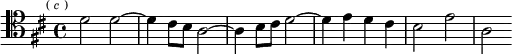 \relative d' { \clef tenor \key d \major \time 4/4 \mark \markup \tiny { ( \italic c ) }
d2 d ~ | d4 cis8 b a2 ~ | a4 b8 cis d2 ~ | d4 e d cis | b2 e | a, }