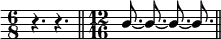 { \override Score.Clef #'stencil = ##f \stemUp \time 6/8 r4. r \bar "||" \time 12/16 b'8. ~ b' ~ b' ~ b' \bar "||" }