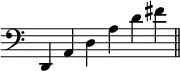 { \override Score.TimeSignature #'stencil = ##f \time 6/4 { \clef bass d, a, d a d' fis' \bar "||" } }